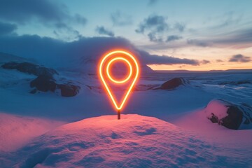 shining big golden neon location or goal point symbol amongst winter tundra plants garden at night	