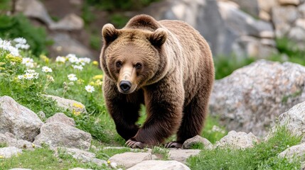 Fototapeta premium A brown bear strolls through rocky ground, surrounded by mossy stones and dense forest under a soft mist