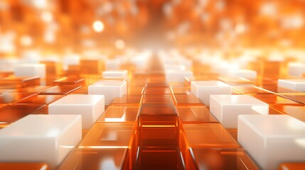 Obraz premium Abstract 3D Rendered Background with Orange and White Cubes, Glowing Geometric Shapes, Bokeh Effect, High Resolution Digital Technology Concept