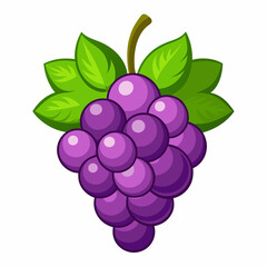 Cartoon Illustration of a Purple Grape Bunch with Green Leaves
