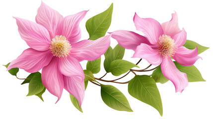 Obraz premium Fresh Pink Clematis Flowers Bud and Leaf Isolated Over a PNG Transparent and White Background