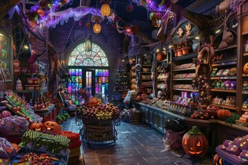 Fantastical indoor market filled with an array of colorful pumpkins, gourds, and Halloween decorations under a vibrant blue and purple light with whimsical elements.