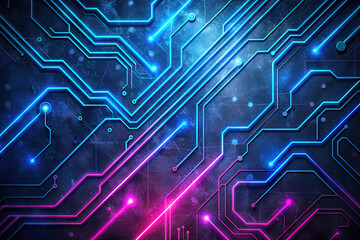 Obraz premium Neon-colored circuit lines on a dark background, representing modern technology and digital networks with vibrant blue and pink hues.