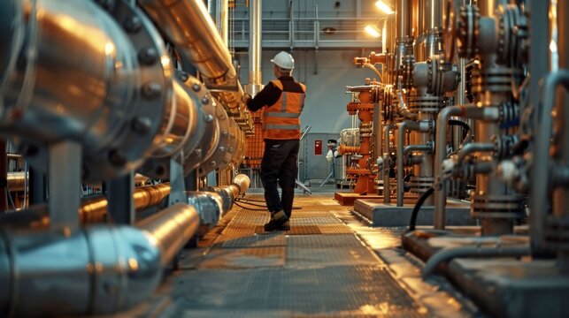 A man in a safety vest walks through a large industrial area with many pipes