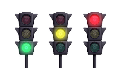 Collection of street realistic three-color traffic lights. Vector illustration.