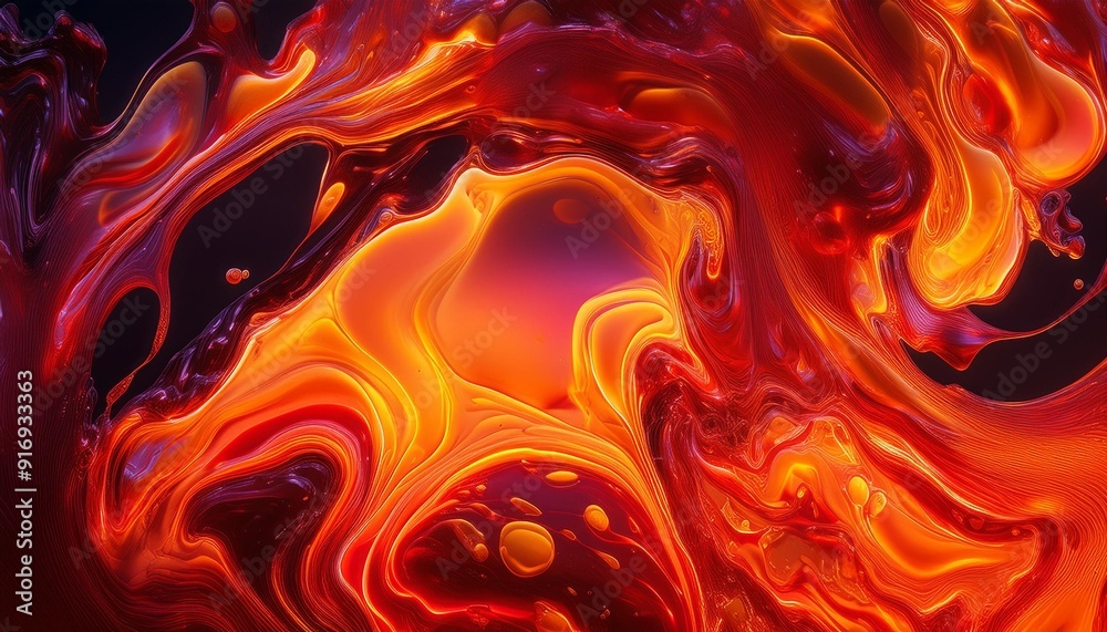 Wall mural liquid patterns in neon orange and deep red merging into dark textures