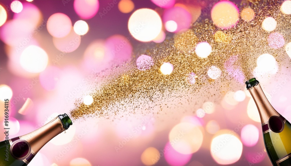 Wall mural a champagne bottle with glitter glow pink gold dust and bokeh idea for celebration background