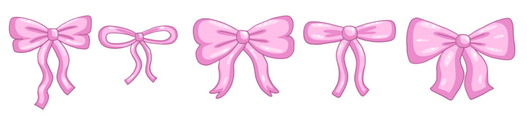 Set with pink bow and ribbon in different shape. Vector vintage illustration