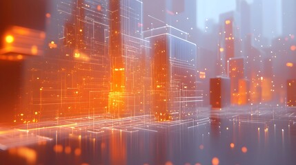 Obraz premium Futuristic Digital Cityscape with Orange Glow Lines and Cubes, 3D Rendered Concept for Technology, Data Science, AI
