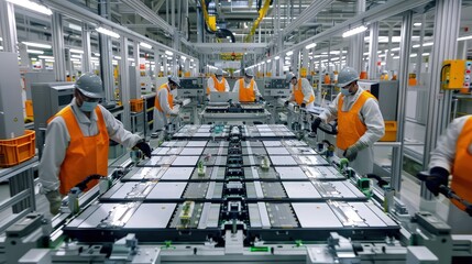 An assembly line with workers and machines collaboratively assembling electric vehicle battery cells, focusing on the precise placement of each cell into modules.