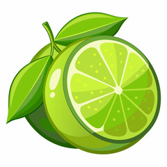 A Single Lime Fruit Sliced in Half with Leaves