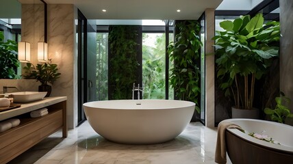 Fototapeta premium Serene Luxury Spa Bathroom With Freestanding Tub And Marble Accents