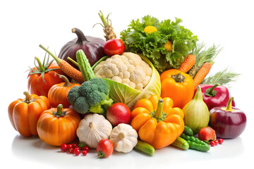 A vibrant assortment of fresh vegetables including peppers, broccoli, cauliflower, and tomatoes displayed on a white background.