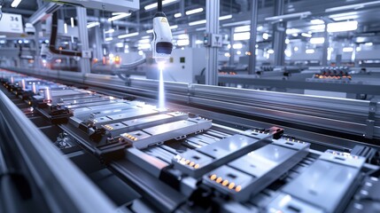 An assembly line scene with electric vehicle battery cells moving through an ultraviolet curing station, emphasizing the advanced chemical processes involved.
