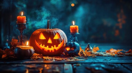 Obraz premium Spooky house on halloween night. Haunted house in night scary forest. Copy space