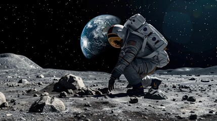 An astronaut kneeling to collect lunar rocks with a dramatic view of the Earth rising above the lunar horizon, capturing a moment of solitude and discovery.
