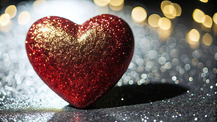 Fototapeta premium A shimmering red heart sits on a reflective surface, glowing softly amid a background of glowing lights, creating a romantic atmosphere