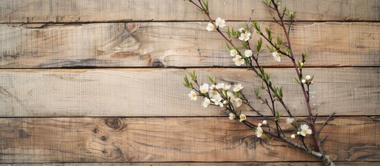 Top view of a blooming Willow tree twigs on a flat wooden backdrop, ideal for a copy space image.