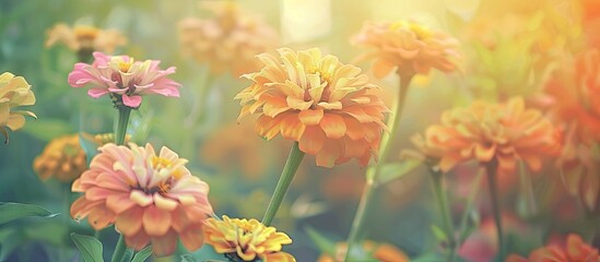 Softly blurred zinnia flowers in a vintage retro palette create a charming background for your copy space image.