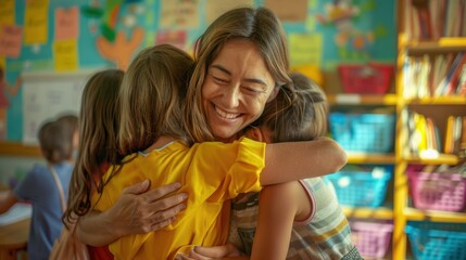 The teacher hugging students