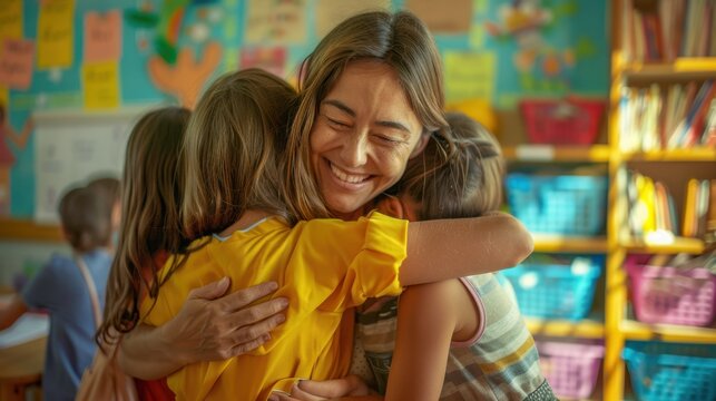 The teacher hugging students