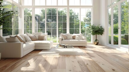 Large, bright living room with wood flooring and white furnishings