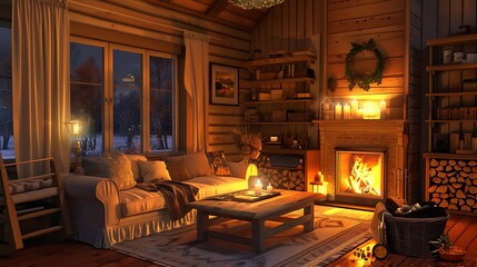  A cozy living room with a fireplace, comfortable sofa, and warm lighting. 