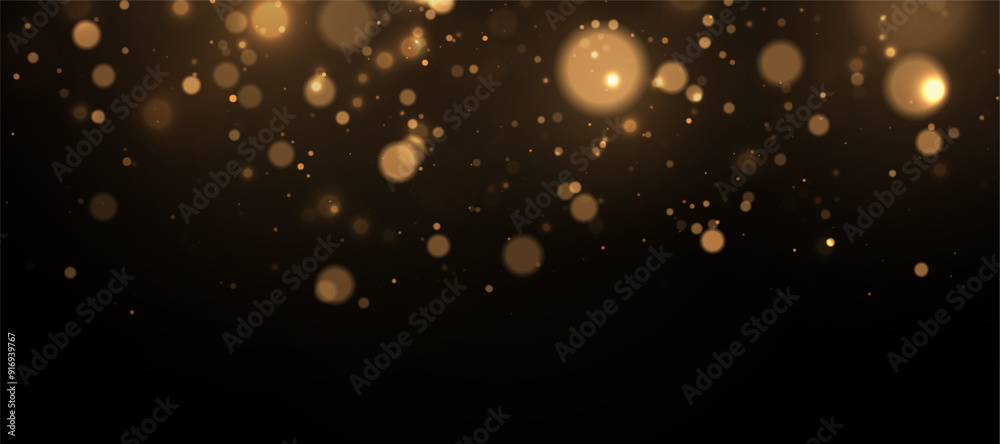 Poster sparkling golden particles, glowing lights bokeh, christmas background isolated on dark transparent 