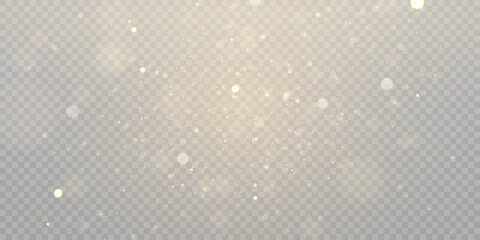 Glowing golden dust bokeh with reflections. Christmas glowing bokeh and glitter overlay texture for your design on transparent background. Golden particles abstract vector background PNG.