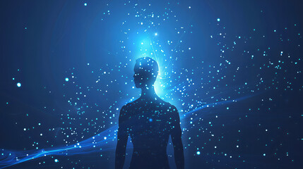 Fototapeta premium Mystical Silhouette of a Human Figure Amidst a Cosmic Galaxy: Perfect for Concepts of Spirituality, Universe Exploration, and Futuristic Themes, Meditation and Relaxation