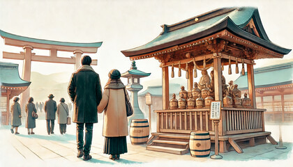 A couple visiting a shrine for New Year's prayers together in watercolor style with a