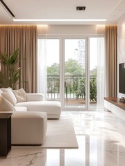 Modern Living Room with White Sofa and Large Windows