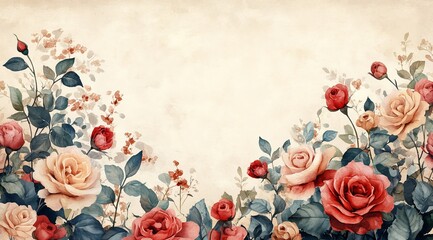 A watercolor border of vintage wildflowers in shades of red and beige decorates the left side of an empty canvas.