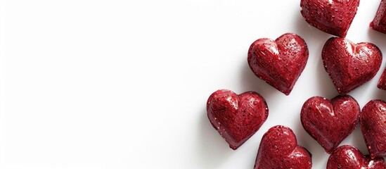 Red heart shapes against a white backdrop with copy space, conveying a message of love and romance for Valentine's Day or wedding themes.