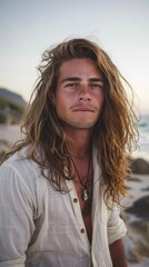 A man with long hair is standing on a beach
