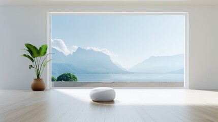 Minimalist interior with serene mountain view, creating a peaceful atmosphere for relaxation and mindfulness.