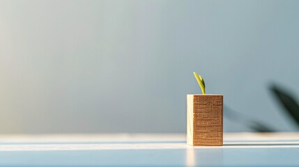 A wooden block with tiny plant, copy space
