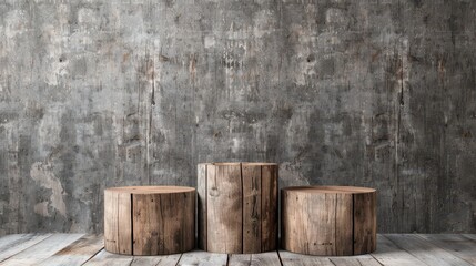 Three rustic wooden stumps arranged against a textured concrete wall, perfect for showcasing natural elements in interior design.