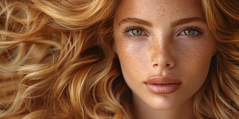 Naklejka premium Close-up portrait of young woman with freckles, golden hair, and piercing eyes gazing intently. Concept of natural beauty and individuality.