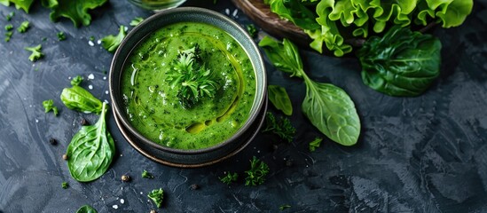 Obraz premium Healthy second course with cold soup, fresh vegetables, and greens in top view background, ideal for organic, keto, or paleo diets with copy space image.