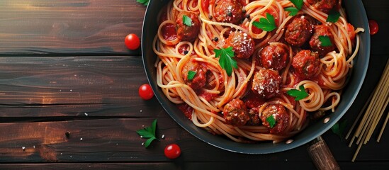 Fototapeta premium Top view image of spaghetti with meatballs in tomato sauce and parsley in a frying pan on a dark table background, with a banner and copy space.