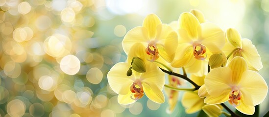 Yellow Phalaenopsis orchid blooms beautifully against a softly blurred backdrop, offering room for text or images. image with copy space