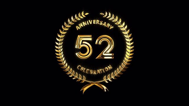 52nd Anniversary Celebration. Happy 52 Years Anniversary Animation in Gold Color on the Transparent Background, Alpha Channel. Great for greetings, celebrations, events, and gifts.