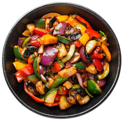 Top view colorful vegetable stir-fry on plate isolated on white background