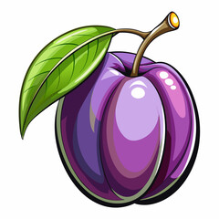 A Single Purple Plum with a Green Leaf