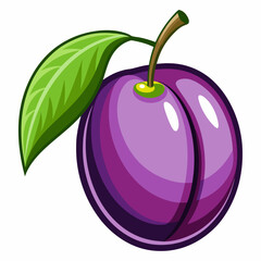 A Single Purple Plum with a Green Leaf