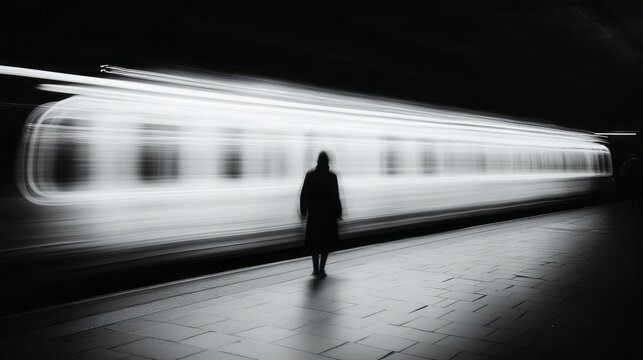 A solitary figure waits at a subway platform as a train rushes by in a dimly lit station during the late evening