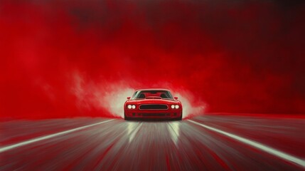 Naklejka premium A red muscle car speeds down a foggy, illuminated road against a dramatic red backdrop at dusk