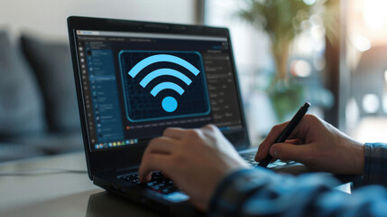 Person setting up a secure Wi-Fi connection on a laptop