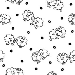 Cute kawaii clovers friends. Seamless pattern. Coloring Page. Funny couple cartoon characters. Hand drawn style. Vector drawing. Design ornaments.